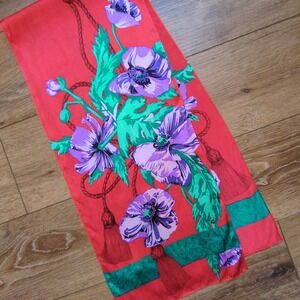Vtg Georgiou Poppy Silk Scarf Red Purple Floral Tassel Rectangle Long Japan
